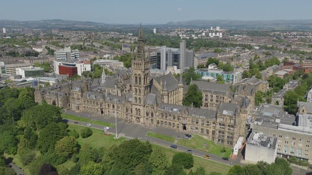 Aerial view of the University of Glasgow located in Glasgow, Scotland. Beautiful traditional architecture