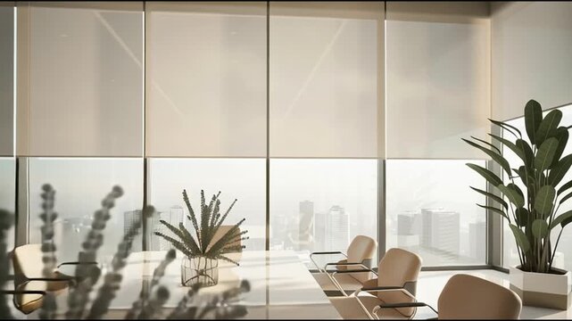 Modern Office Meeting Room: The modern office meeting room, illuminated by natural light filtering through a large window with roller blinds, features a spacious table, comfortable chairs.