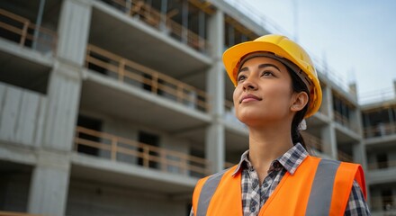 A construction worker wearing safety gear stands confidently on site, looking towards the future with determination and hope.