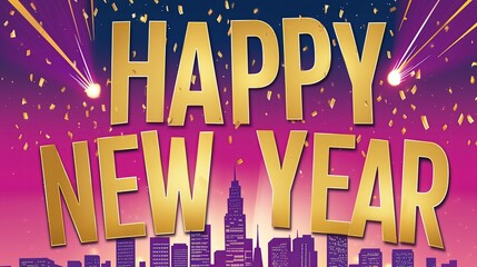 Clipart illustration banner of a vibrant, festive New Year celebration and city landscape