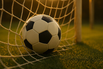 Fototapeta premium Stunning goal scored in a soccer match, ball perfectly nestled in the net with warm golden hour lighting creating a dramatic atmosphere