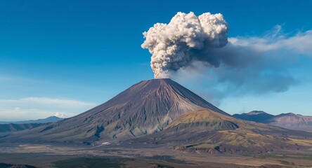 Eruption of Klyuchevskoy Volcano on the Kamchatka Peninsula, Russia, on a Sunny Day.