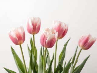Delicate Pink and White Tulips Against a Clean White Background, Spring Flowers.