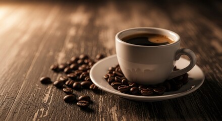 Fototapeta premium Cup of coffee with beans on a wooden surface, warm lighting