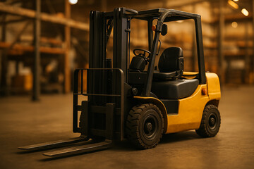 Powerful yellow forklift ready for heavy lifting and logistics operations within a dimly lit, expansive warehouse environment