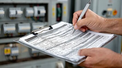 Electrician checks inspection report while examining electrical panel at commercial facility during the day