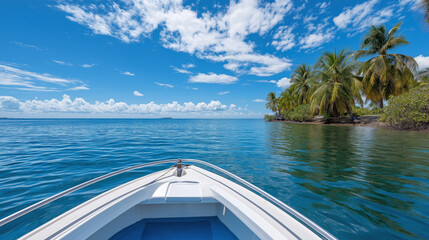 Fototapeta premium Tropical island paradise with palm trees and clear blue water from boat perspective