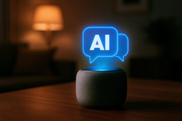 Smart speaker with glowing AI chat icons in cozy living room environment