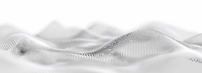 White background, white polygonal mesh with some small dots and lines in the foreground, 3D rendering style, perspective view of an abstract shape that resembles curved sound