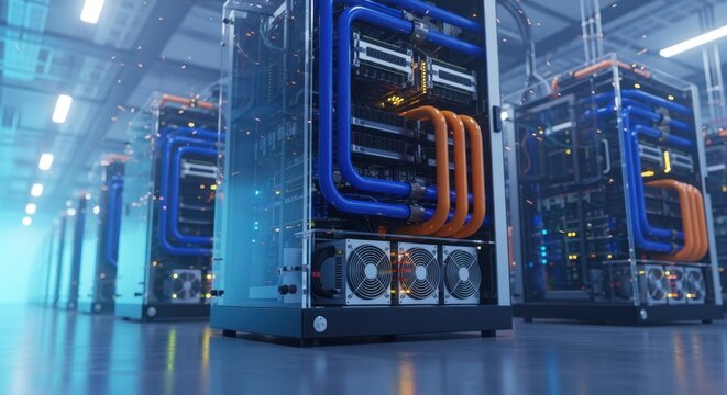 Highcapacity AI compute units with visible cooling pipes and power supplies set up on a professional data center build floor.