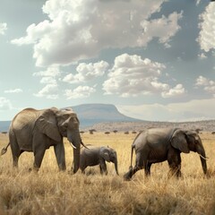 Fototapeta premium Elephant family walking in the african savanna with a mountain and trees on background under a cloudy sky
