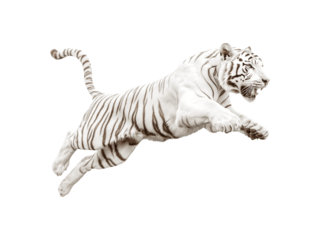 A white tiger leaping in a dynamic side profile