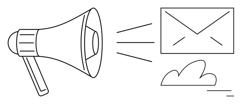 Megaphone emitting lines toward envelope signifying communication and messaging with a simple cloud detail. Ideal for marketing, email, digital campaign, advertising, outreach, notifications, simple
