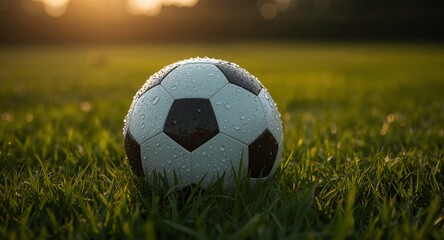Fototapeta premium Soccer Ball on the Green Grass Field, Covered with Water Droplets at Sunset, CloseUp.