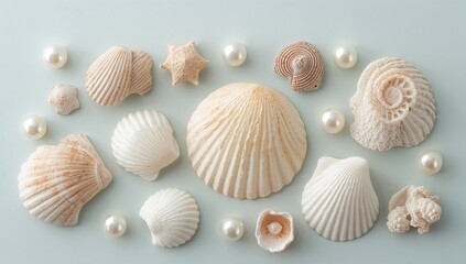 Collection of Seashells and Pearls on a Light Blue Background, Beach and Ocean Vibes.