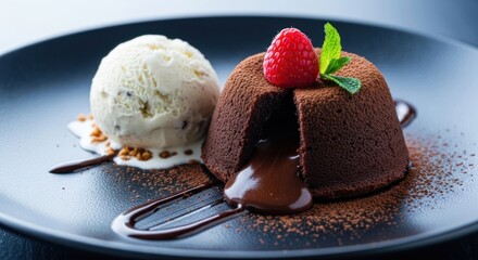 Decadent chocolate lava cake with ice cream and raspberry on dark plate