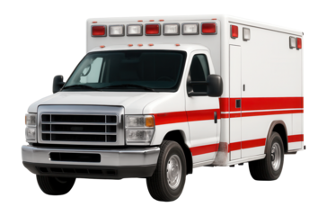 Boxy ambulance with white and red stripes.