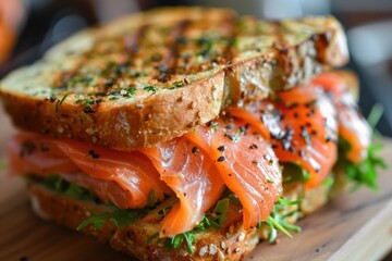 Gourmet toasted multigrain bread sandwich featuring fresh salmon, arugula, and black sesame seeds