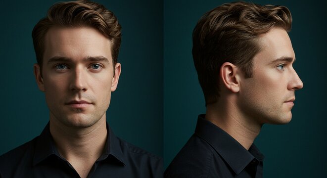 A well-groomed man with striking blue eyes poses against a dark teal background, showcasing both a front and side profile. - Powered by Adobe