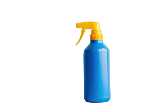 Blue spray bottle with yellow nozzle for sun protection, skincare