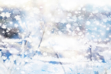 Winter landscape through a frozen window. Blurred snow background. Trees and plants covered with snow.