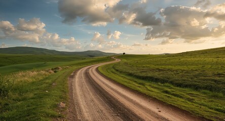 Fototapeta premium Winding Dirt Road Through Rolling Green Hills at Sunset, Scenic Landscape, Beautiful Sky
