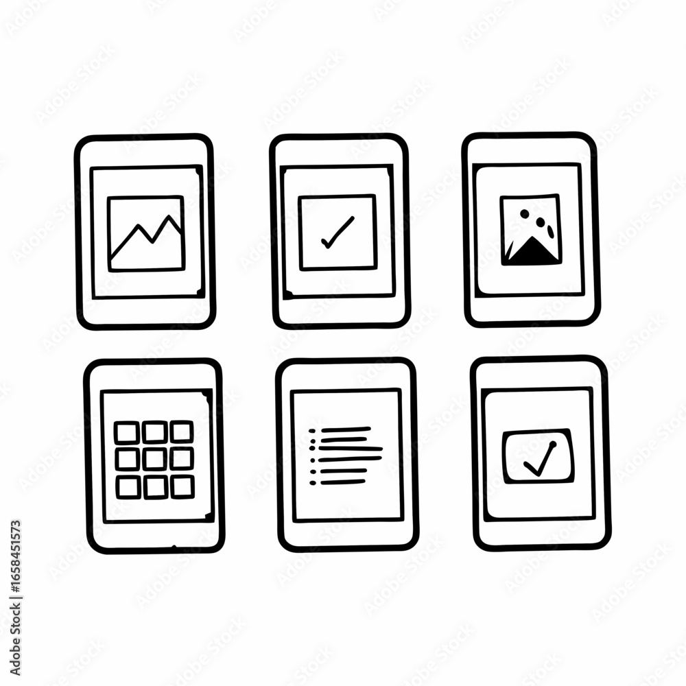 Wall mural hand drawn mobile application interface icons isolated on white background in vector format