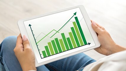 Tablet displaying green bar graph and line chart with upward arrows – Business analytics and financial growth, finance, data, strategy, abstract, technology, success