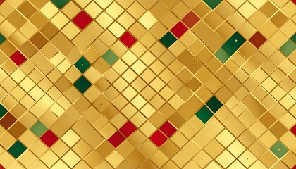 Gold mosaic tile pattern with red and green accents