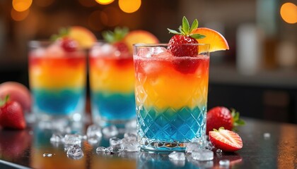 Vibrant layered cocktails with colorful fruit garnishes, ice create festive atmosphere. Perfect for celebrations, parties, relaxing summer days. Enjoy refreshing tropical drink, true artistry in
