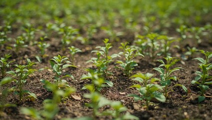 Young Green Plants in a Field, Early Stages of Growth in Spring, Agriculture.