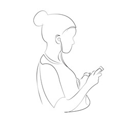 One continuous line drawing on white isolated background. Minimalism linear illustration. person, earphones, music, female, lifestyle, listening, woman, teenage, technology, girl