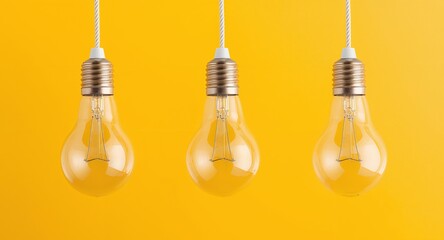 Three Light Bulbs Hanging on Cords Against a Vibrant Yellow Background.