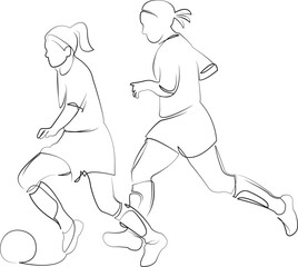 One continuous line drawing on white isolated background. Minimalism linear illustration. child, sport, girl, soccer, football, running, playing, ball, fun, field