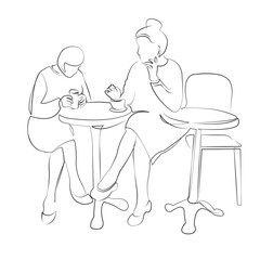 One continuous line drawing on white isolated background. Minimalism linear illustration. sitting, table, woman, cafe, drinking, adult, lifestyle, friendship, coffee - drink