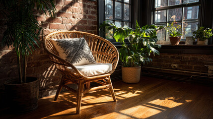 Obraz premium Cozy interior with a rattan chair, cushions, and lush green plants by a sunlit window with exposed brick walls.