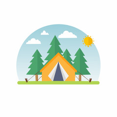 Camping adventure with an A-frame tent in forest surrounded by trees and sun