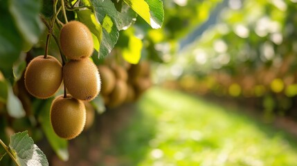 Ripe kiwifruit hanging from branches in a lush orchard.