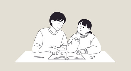 Fototapeta premium Illustration of a Caring Adult Tutor and Child Engaged in Educational Activity at a Desk, Promoting Learning, Knowledge Sharing, and Educational Support for Children and Students