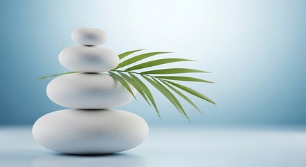 Obraz premium Zen Stone Tower with Green Palm Leaf Serene Balance and Calm Concept