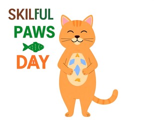 Fototapeta premium Cute orange tabby cat holding fish-shaped objects, celebrating a 