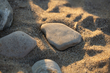 Smooth gray stones resting on warm beach sand