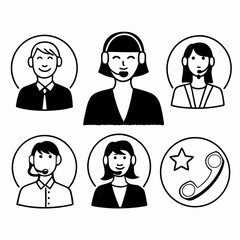 Illustration of customer service representatives with headsets and phone symbol isolated on white background