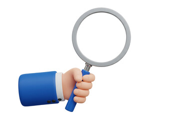 3D cartoon hand in a blue suit holding a magnifying glass for search. Isolated on transparent background, png