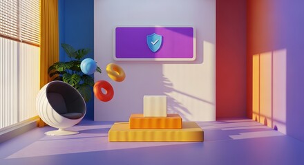 Vibrant and playful modern studio with a geometric display platform, colorful elements like balloons and a chair, bathed in sunlight creating a cheerful and creative atmosphere