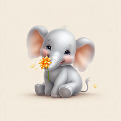 Cute Elephant Holding Flower: A heartwarming illustration of a baby elephant, exuding charm with its adorable features, delicately holding a vibrant flower in its trunk.