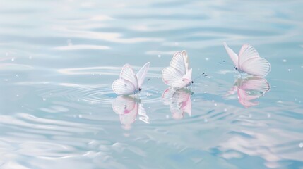 Delicate Butterflies Hovering Over Softly Lit Water with Floral Elements
