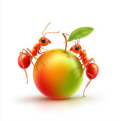 Ants and Apple: A whimsical scene showcases two diligent ants collaborating to move a vibrant, ripe apple, emphasizing teamwork and the beauty of nature.