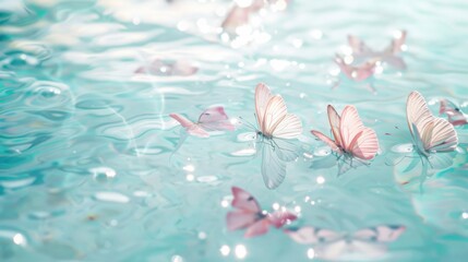 Delicate Butterflies Hovering Over Softly Lit Water with Floral Elements