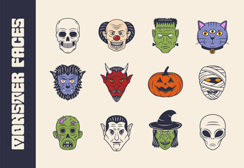 Halloween monster heads set. Vampire, Monster, zombie, devil, werewolf, clown, mummy, alien, witch, Jack-o-lantern, skull icons. Vector illustration